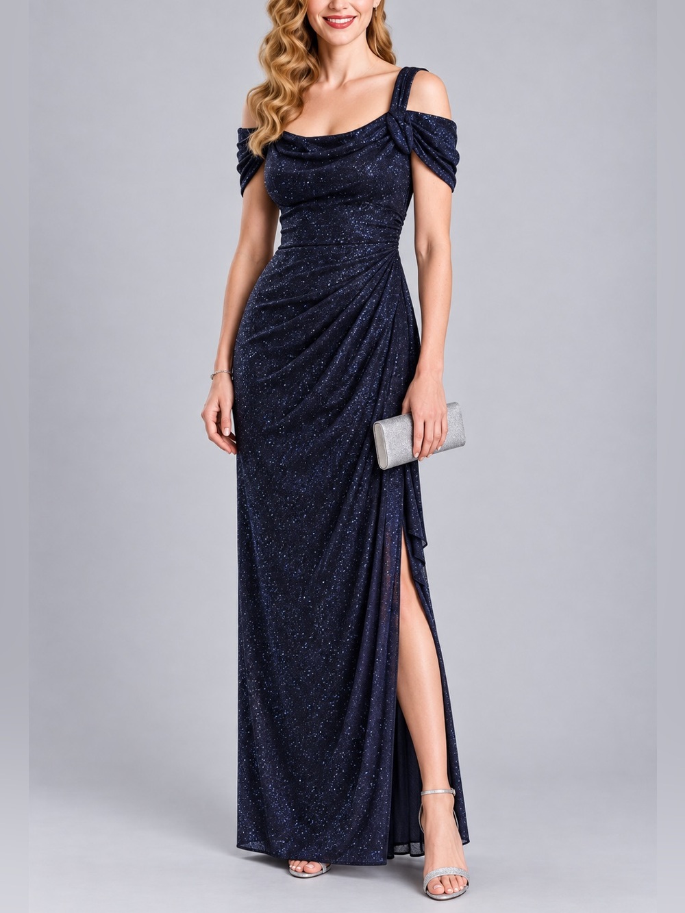 🆕🫐 Alex Evenings Size 12 Navy Glitter Cold Shoulder Ruched Maxi Gown Party Chic